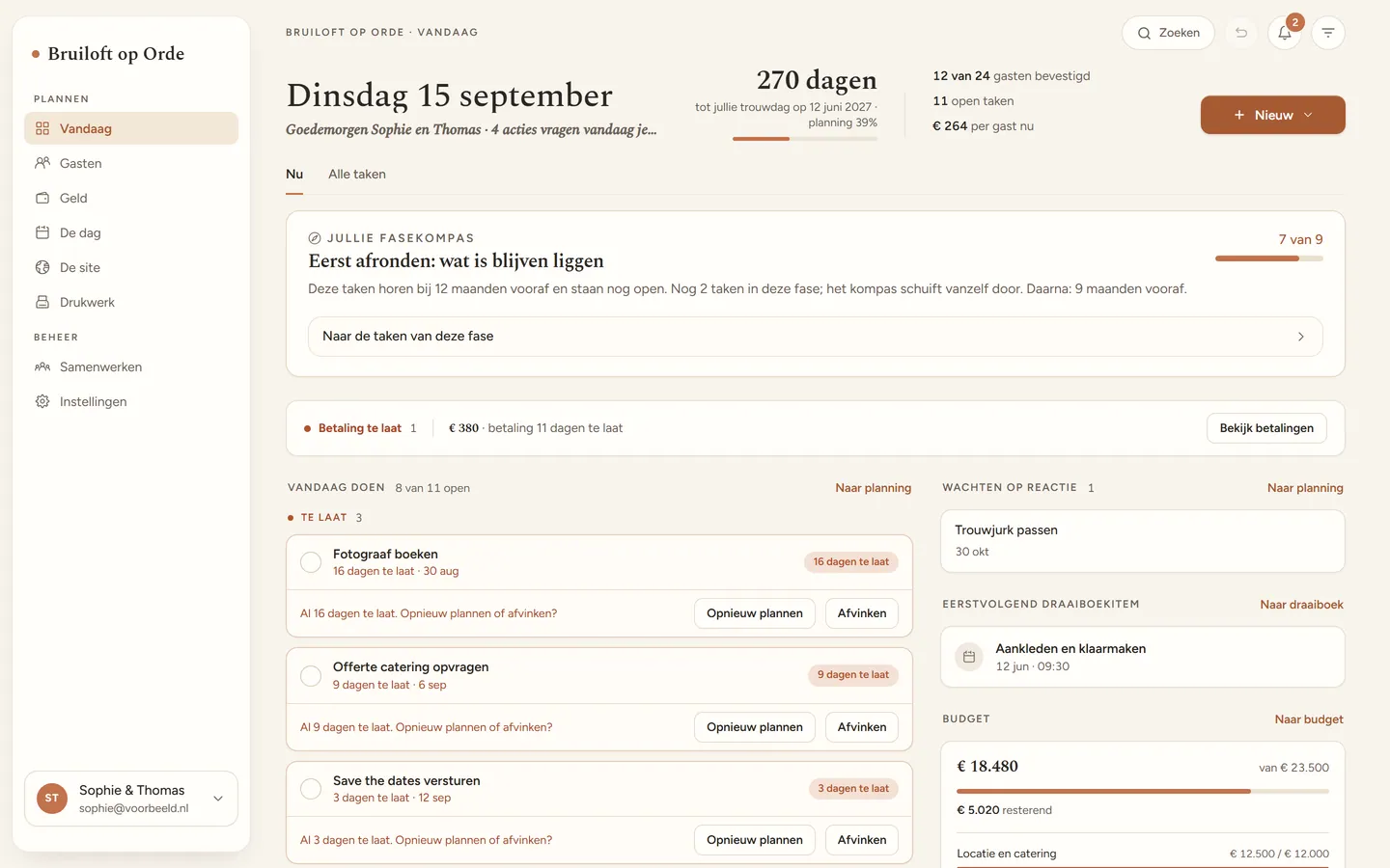 Het Vandaag-overzicht in Bruiloft op Orde: aftelling naar de trouwdag, taken die aandacht vragen en de eerstvolgende betaling